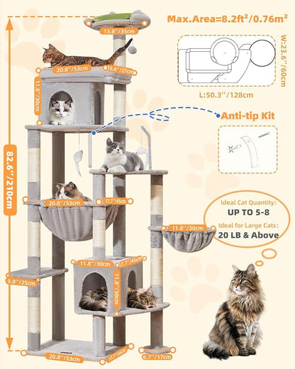 Taoqimiao 83In Heavy Duty Cat Tree, Suitable 20lb+ Large Cats, XXL-Cat Tower for Indoor Cats Large Adult, 2 Luxurious Cat Cando with 8 Scratching Posts,Oversized Metal Hammocks, Light Gray MS032W
