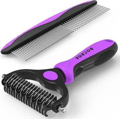 Pet Grooming Brush and Metal Comb Combo - Undercoat Rake for Dematting and Deshedding Long Matted Haired Dogs and Cats, Purple
