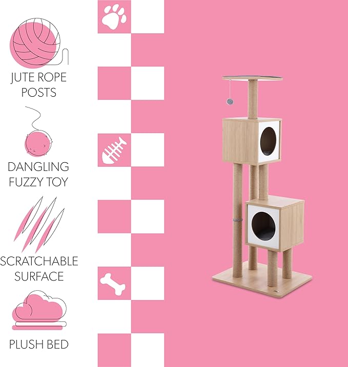 CTR1011A Sawyer 56" 3-Tier Minimalist Jute Cat Tree Condo with Scratching Posts, and Fuzzy Toy, Brown/White