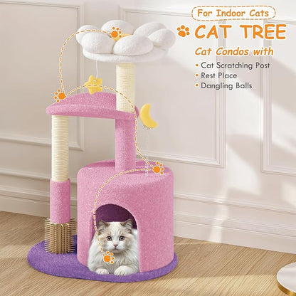 Athena Collection Small Cat Tree Condo with Sisal Scratching Post, 33 Inch Modern Cute Flower Cat Tree Tower with Cozy Perch Toy Ball for Indoor, Kittens, Purple