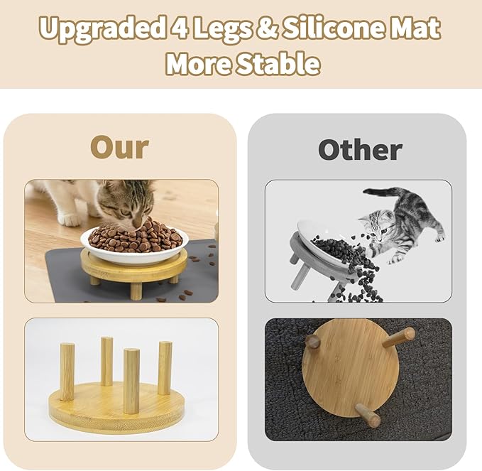 Upgraded Elevated Cat Bowls with Food Mat, Raised Ceramic Cat Dishes with Bamboo Stand, Shallow Wide Pet Feeding Bowls Whisker-Friendly for Food and Water