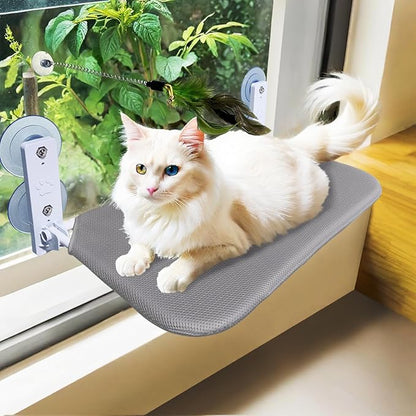 Cat Window Perch Seat Hammock, Foldable Hammock with 4 Strong Suction Cups, Easy to Assemble and Cat Wand,Gray
