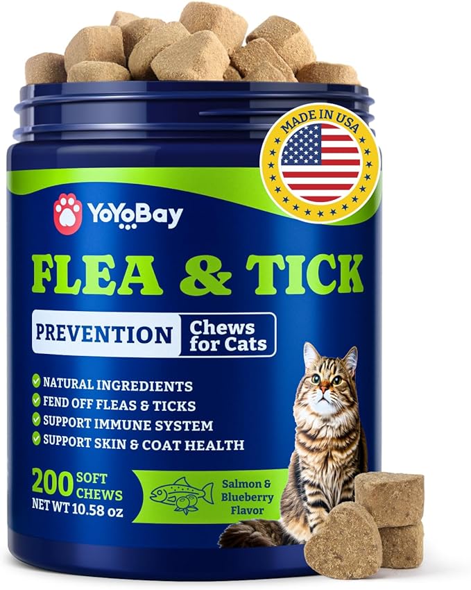 Flea and Tick Prevention for Cats - 200 Soft Chews Natural Cat Flea Treatment, Salmon & Blueberry Flavor - Flea Treatment for Cats, Cat Oral Flea, Immune Support Supplement