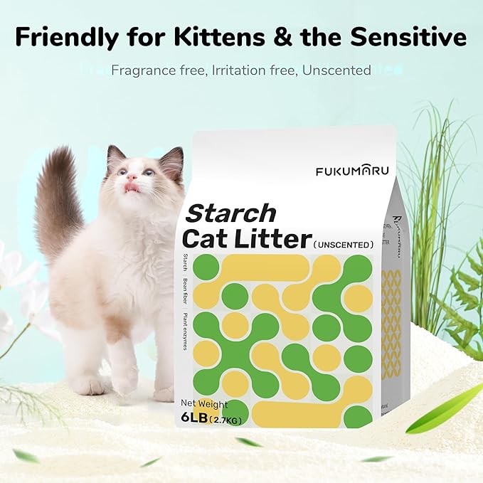 FUKUMARU Cassava Cat Litter, 24 LB Strong Clumping Cat Litter Bulk, Plant-Based Natural Ingredients, Non-Stick Base, Low Dust, 24/7 Odor Control, Unscented, 6lb x 4bags