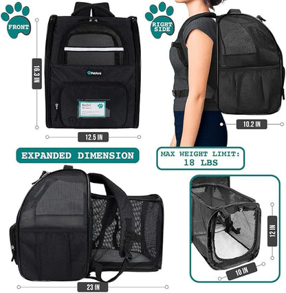 PetAmi Dog Cat Backpack Carrier, Expandable Pet Carrier Backpack for Travel Hiking, Small Medium Dog Puppy Large Cat Carrying Backpack, Airline Approved Ventilated Soft Back Support, 18 lbs, Black