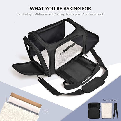 Large Soft Sided Cat and Pet Carrier for Cats and Puppies up to 25Lbs - Collapsible, Waterproof Travel Carrier - Black