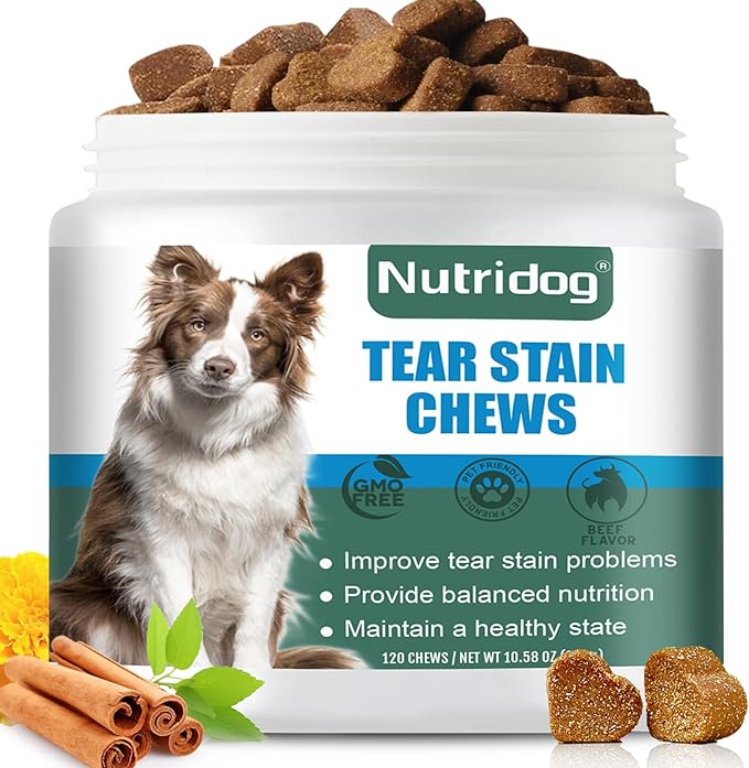 Tear Stain Chews for Dogs - Dog Tear Stain Remover & Supplement with Antioxidant Blend, Vitamin C, Lutein - 120ct Beef Flavor Soft Chews for Eye Health & White Fur Care (ND-038)