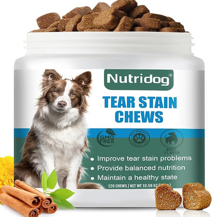 Tear Stain Chews for Dogs - Dog Tear Stain Remover & Supplement with Antioxidant Blend, Vitamin C, Lutein - 120ct Beef Flavor Soft Chews for Eye Health & White Fur Care (ND-038)