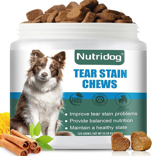 Tear Stain Chews for Dogs - Dog Tear Stain Remover & Supplement with Antioxidant Blend, Vitamin C, Lutein - 120ct Beef Flavor Soft Chews for Eye Health & White Fur Care (ND-038)