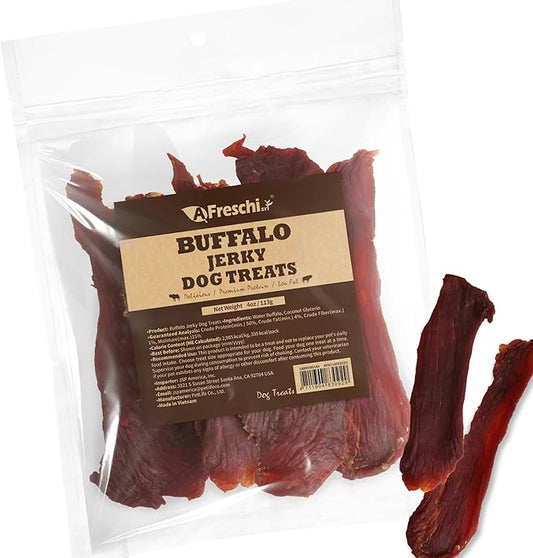 AFreschi Buffalo Dog Treats, All-Natural, Hypoallergenic, High Protein, Low Fat, Human Grade Puppy Chews – Healthy Grain-Free Training Treats, 4oz Jerky