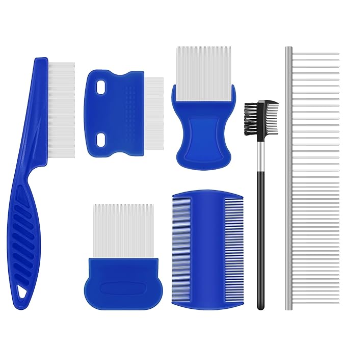 WRW 7 Pack Flea Comb,Stainless Steel Dog Cat Grooming Combs with Rounded Tooth for Remove Fleas Lice Eggs, Double Sided Tear Stain Remover, Dematting Tool for All Types of Small, Medium, Large Pets