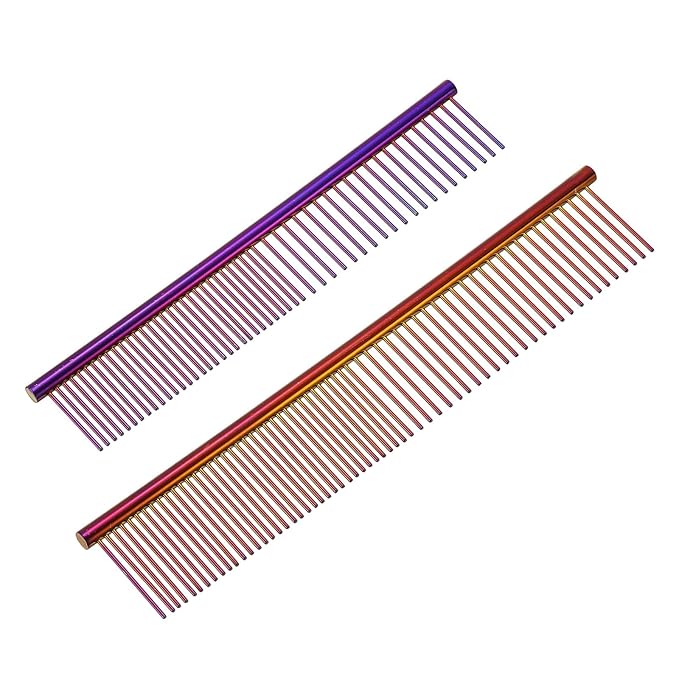 Dog Cat Comb, Pet Combs Stainless Steel Teeth with Rounded Ends for Knots Mats Loose Hair Removal, 6.5/7.5IN (Purple Plated, 2 Pack), Grooming Tool Intended for Long Curly Hair Pet