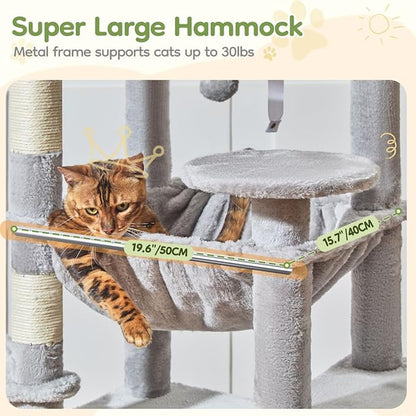 Taoqimiao 72 Inches Cat Tree for Large Cats, Multi-Level Tall Cat Tower, Widened Cat Condo with Large Scratch Board, 5 Scratching Posts, Metal Hammcock, Cozy Basket, Light Gray, MS045W