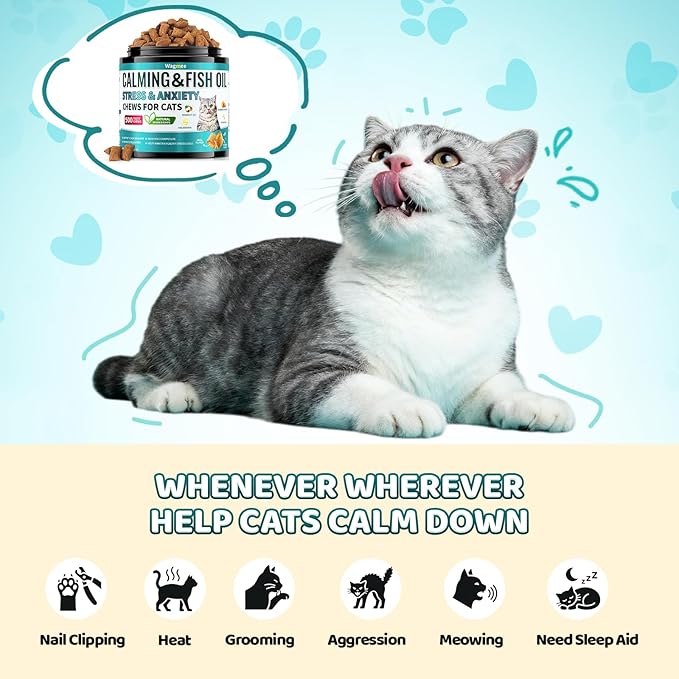 Wagmee Cat Calming Treats - 500 Crunchy & Creamy Cat Chews with Melatonin, Chamomile for Cat Stress and Anxiety Relief - Travel, Vet Visits, Storms and Separation Anxiety, Chicken and Krill Flavor