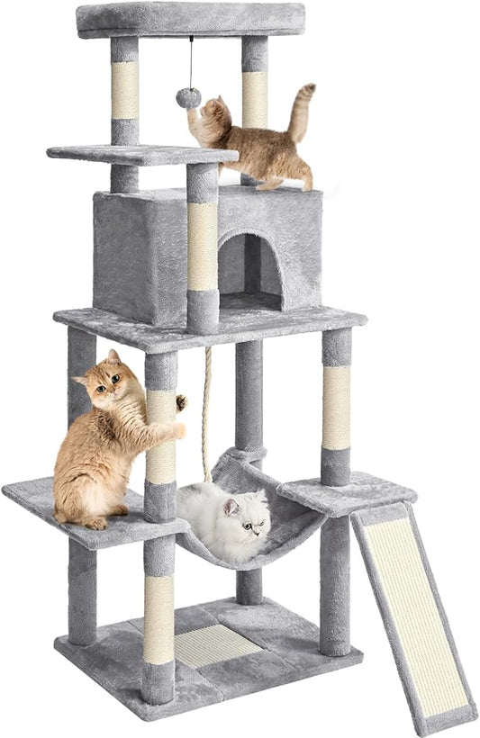 ABCPET Cat Tree Tower 63in Multi-Level Cat Tower for Indoor Cats with Sisal Scratching Posts, Condo, Hammock, Dangling Ball and Extended Platform for Cats to Play, Light Grey