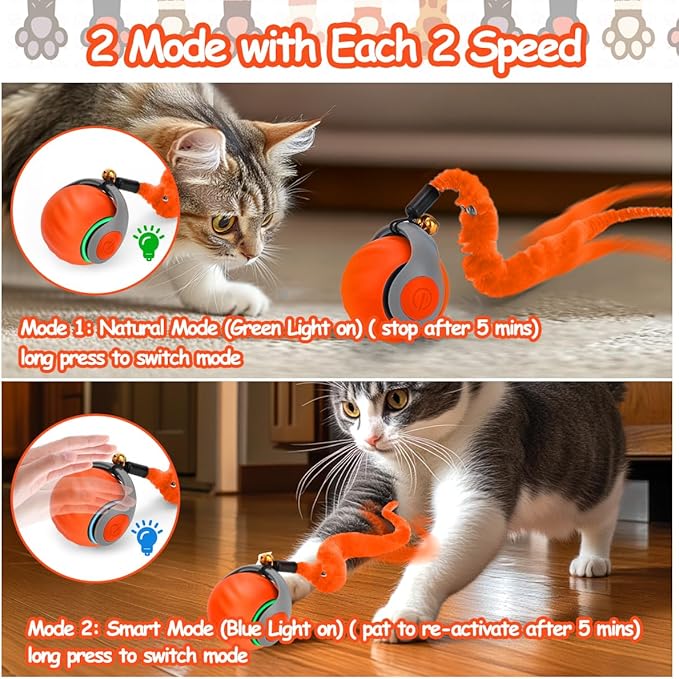 Interactive Cat Ball Toy, Self Rolling Ball with Cover Anti-Scratch for Bored Indoor Cat Chasing, Obstacle Avoidance Smart Cat Toys for Enrichment, Motion Activated Toys to Keep Them Busy （Orange）