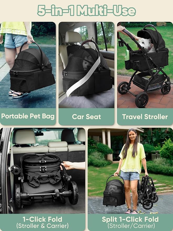 Small Dog Stroller, Pet Stroller for Small Dogs, 5-in-1 Dog Strollers - Fold All in One Without Detaching Carrier, Pet Strollers with Removable Waterproof Carrier for Dogs Cats 10 lbs 20 lbs