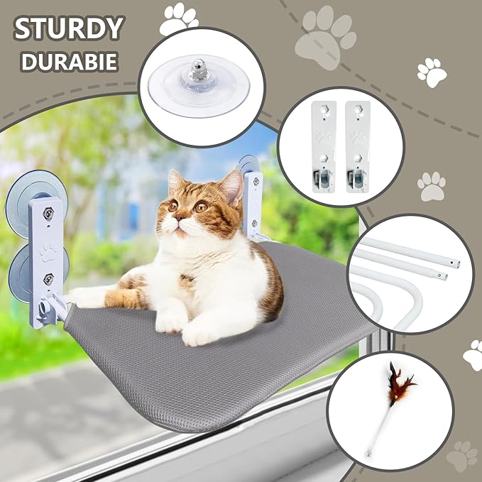 Cat Window Perch Seat Hammock, Foldable Hammock with 4 Strong Suction Cups, Easy to Assemble and Cat Wand,Gray