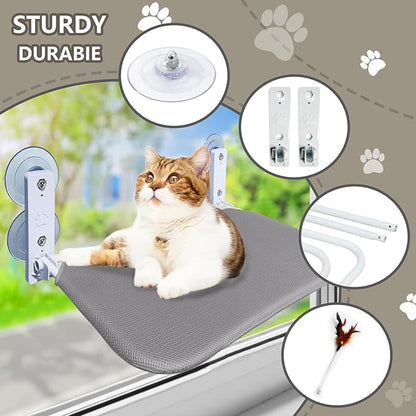 Cat Window Perch Seat Hammock, Foldable Hammock with 4 Strong Suction Cups, Easy to Assemble and Cat Wand,Gray