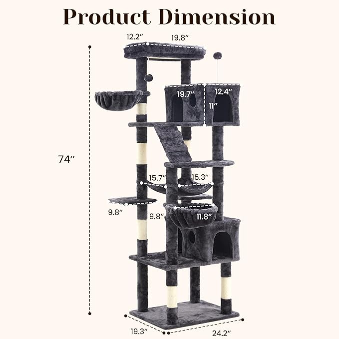 Large Cat Tree with Scratching Posts, Bed, Hammocks & Condos – Multi-Level Cat Tower for Playful Cats, 73" Modern Jungle Gym for Multiple Cats, Grey