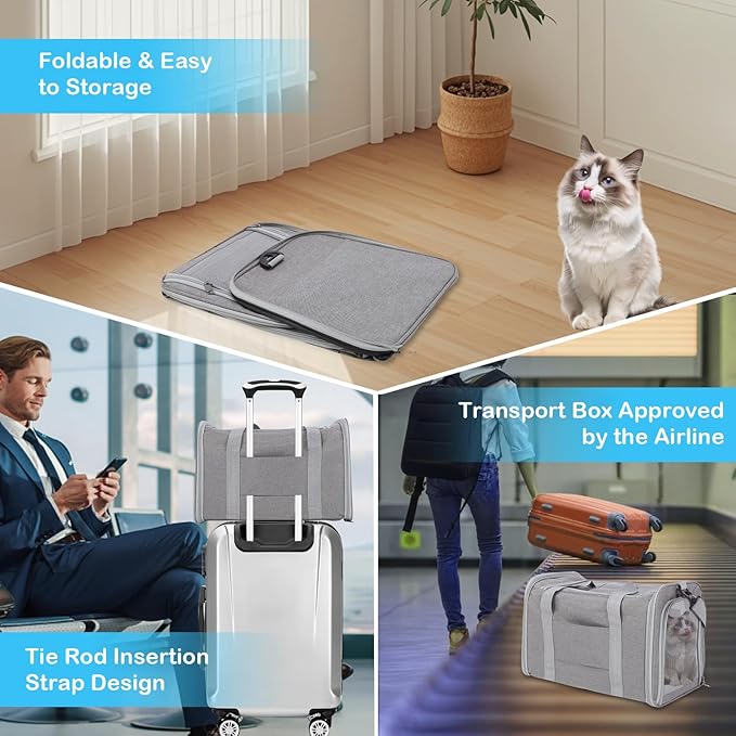 Cat Carrier Soft, Collapsible Cat Bag Carrier, TSA Airline Approved Pet Carrier for Cats with Removable Mat, Breathable Pet Travel Carrier for Small Medium Adult Pussy & Small Dogs (Grey)