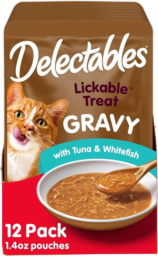 Hartz Delectables Gravy Lickable Wet Cat Treat & Food Topper, Tuna & Whitefish, 12 Pack, 1.40 Ounce (Pack of 12)