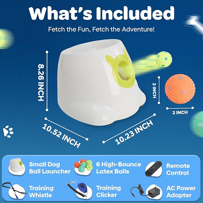 Automatic Small Dog Ball Launcher - Remote Control Interactive Fetch Machine Thrower for Small and Medium Sized Dogs with 6 High-Bounce Washable Latex Balls, Training Clicker, and Whistle – White