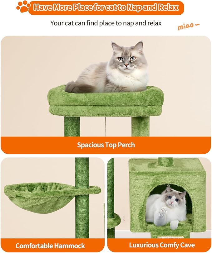 FISH&NAP Cute Cat Tree Kitten Cat Tower for Indoor Cat Condo Sisal Scratching Posts with Jump Platform Cat Furniture Activity Center Play House Green