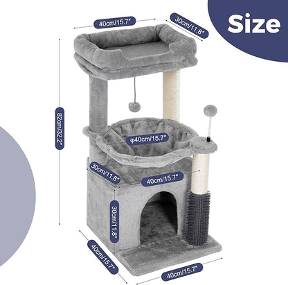 Cat Tree 32 Inches Small Cat Tower with Large Hammock Dia 15.7”,Self Groomer, Fully Scratching Post, Removable Top Bed and Wide Hideway Condo for Indoor Cats-Gray