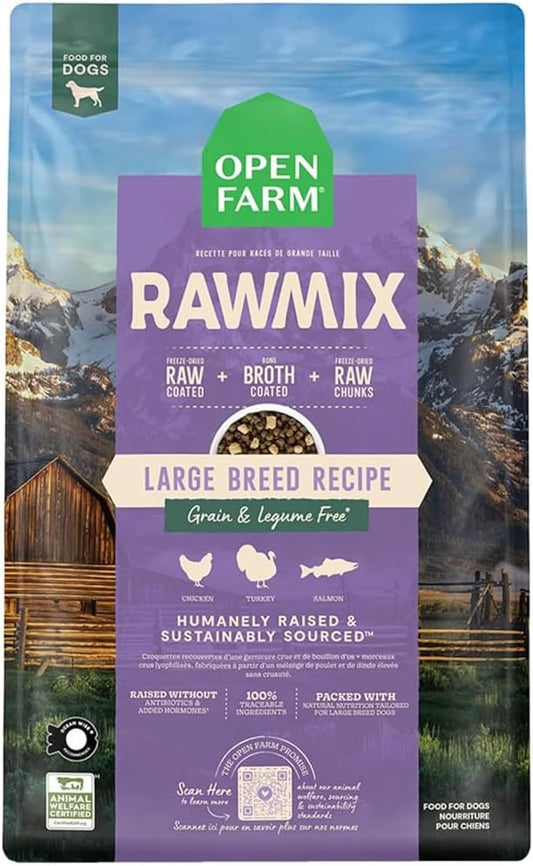 Open Farm, RawMix Grain-Free Dry Dog Food for Large Breeds, Protein-Packed Kibble Coated in Bone Broth with Freeze Dried Raw Chunks, Salmon Chicken & Turkey, Large Breed Recipe, 20lb Bag