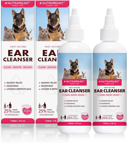 Ear Cleanser 150ml/5 fl.oz for Dogs, Cats and Livestock Cleanses Ear Canal Reduces Ear Odor Twin Pack