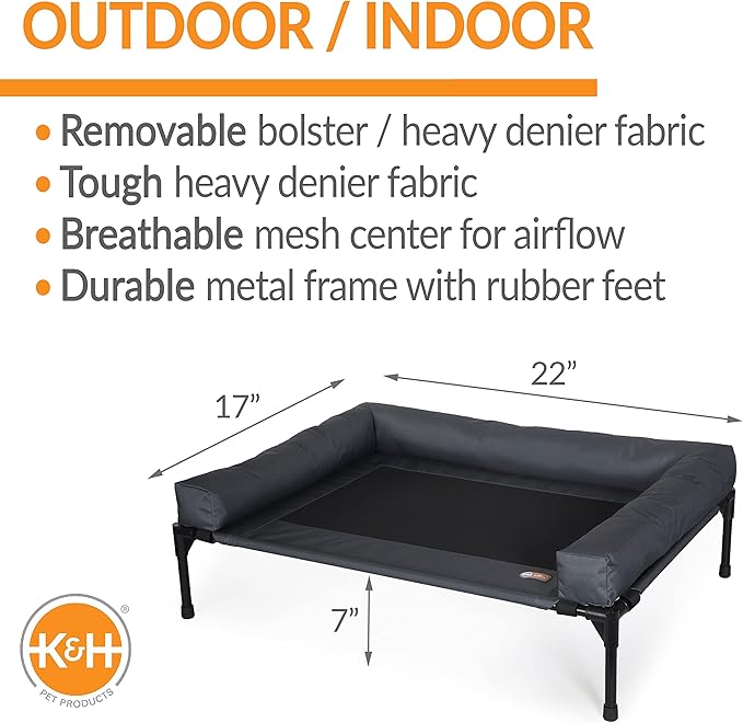 K&H Pet Products Bolster Dog Cot Cooling Indoor/Outdoor Elevated Dog Bed Hammock with Removable Bolsters, Washable Mesh Cover, Raised Camping Dog Bed for Small Dogs or Cats - Charcoal Small 17" X 22"