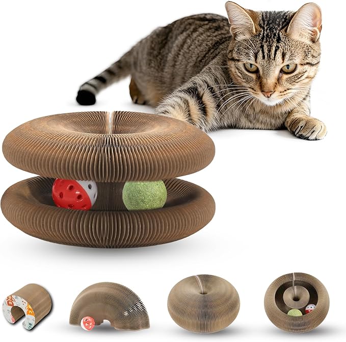 Magic Organ Cat Scratching Board Adventure Toy with Bell and Catnip Balls Foldable and Changeable Shape Accordion Toy Ultimate Interactive Mental & Physical Exercise Cat Toys for Indoor Cats