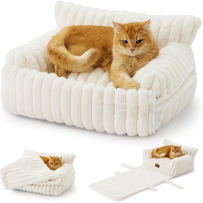 Cute Cat Bed with Removable Cover, Multifunctional Plush Faux Fur Pet Couch Bed with Blanket, Ultra-Soft Pet Furniture for Cats & Small Dogs (Cream, S: 25''x18'')
