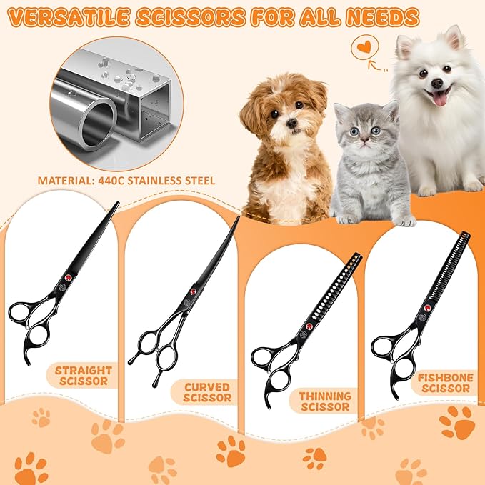 Professional Dog Grooming Scissors Set, 7 Inch/8 Inch Pet Grooming Scissors Chunkers Shears for Dog, Curved Dog Grooming Scissors, Thinning Shears for Dog with Grooming Comb
