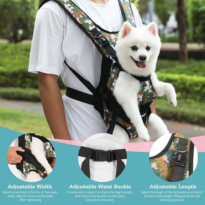 Pawaboo Pet Dog Front Carrier Backpacks, Legs Out Pet Carrier Backpack for Dogs, Adjustable Easy-fit Dog Chest Carriers for Small Medium Dogs Hands Free for Travel Hiking Cycling Camping, S, Camo
