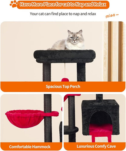 FISH&NAP Cute Cat Tree Kitten Cat Tower for Indoor Cat Condo Sisal Scratching Posts with Jump Platform Cat Furniture Activity Center Play House RedBlack