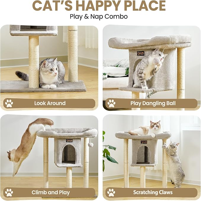Cat Tree Tower Scratching Post for Indoor Large Cats, Small Cat Tree with Big Perch Bed, 28in Tall Trees House with Condo Cave, Toy Balls, Modern Climbing Furniture Platform for Kitten (Light Gray)