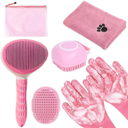 Bath Grooming Kit for Pets - Hair Brush Set with Towel, Washing Gloves, and Shampoo Scrubber Brush for Dogs and Cats (Pink)