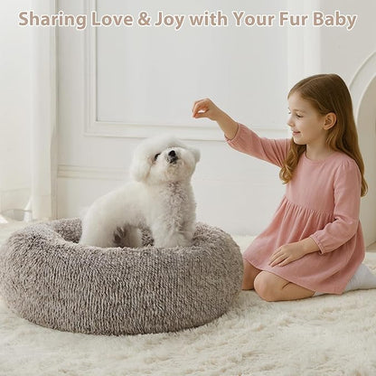 WNPETHOME Calming Dog Bed Cat Bed Donut, Faux Fur Pet Bed Self-Warming Donut Cuddler, Comfortable Round Plush Dog Beds (27 x 27 Inch, Light Coffee)
