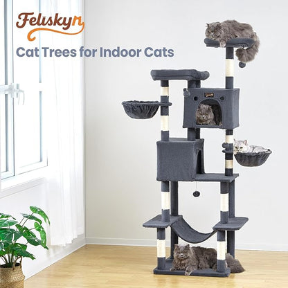 Large Cat Tree Tower for Indoor Cats Adult, 74.8 Inch Tall Large Multi-Level Tree Towers with Scratching Posts, Condo, Hammock, Bed for Big Cats, Modern Cat Trees Furniture Heavy Duty (Dark Gray)
