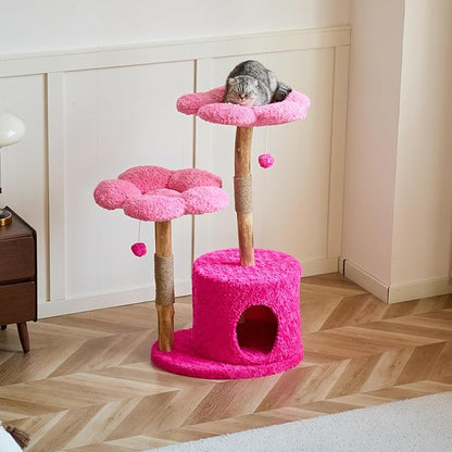 Modern Cat Tree Tower with Real Branch | Luxury Cat Condo for Large Cats | Wooden Cat Tower | Cat Scratching Tree for Cat Lover Gift （Pink ）