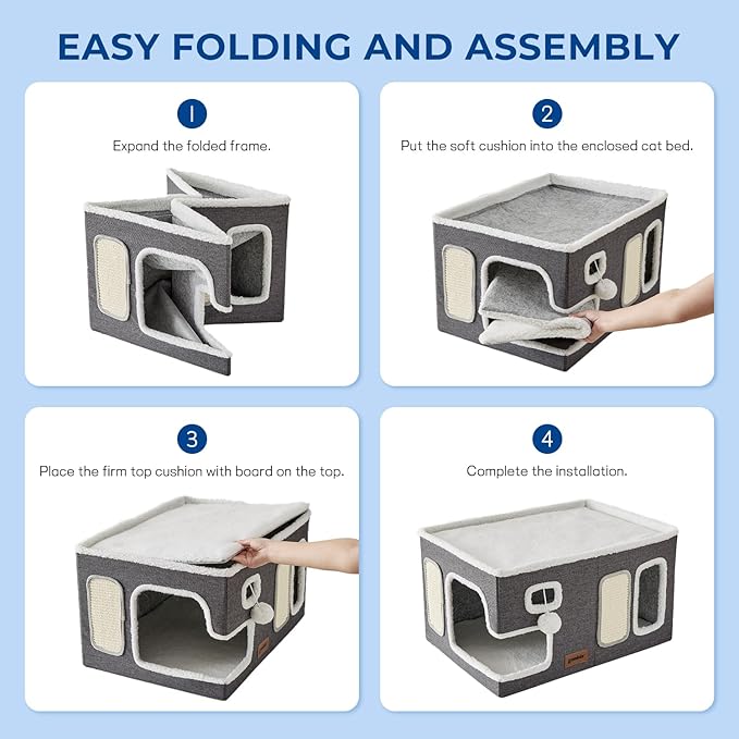 ZOMISIA Extra-Wide Cat House for Indoor Cats - Large Cat House for Pet with Fluffy Ball Hanging and Scratch Pad, Foldable Cat Hideaway for Multi Cats, 23x16.5x13 inches, Navy