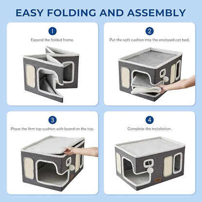 ZOMISIA Extra-Wide Cat House for Indoor Cats - Large Cat House for Pet with Fluffy Ball Hanging and Scratch Pad, Foldable Cat Hideaway for Multi Cats, 23x16.5x13 inches, Navy