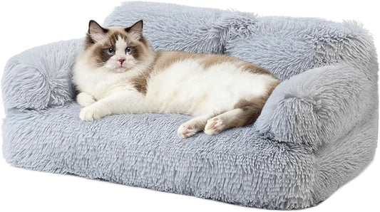Plush Cat Couch Bed - Cat Bed for Indoor Cats, Dog Sofa Bed, Long Plush Calming Pet Couch with Removable Cover, Anti-Anxiety Pet Sofa for Small/Medium Pets (26×18×12in, Gray)