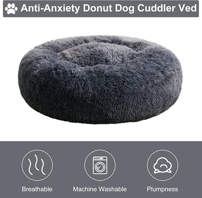WNPETHOME Calming Dog & Cat Bed, Anti-Anxiety Donut Bed, Fluffy Faux Fur Cushion for Small Dogs and Cats (24 x 24 x 8 Inch, Navy Grey)