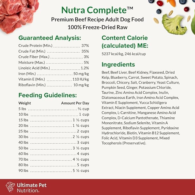 ULTIMATE PET NUTRITION Nutra Complete, 100% Freeze Dried Veterinarian Formulated Raw Dog Food with Antioxidants Prebiotics and Amino Acids, (1 Pound (Pack of 4), Beef)