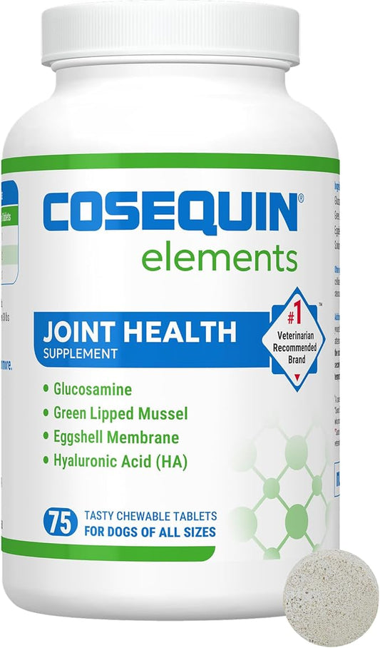 Nutramax Cosequin Elements Dog Joint Health Supplement with Glucosamine, Green Lipped Mussel, Omega-3s, Eggshell Membrane, Hyaluronic Acid, & Postbiotics, 75 Tasty Chewable Tablets for Dogs