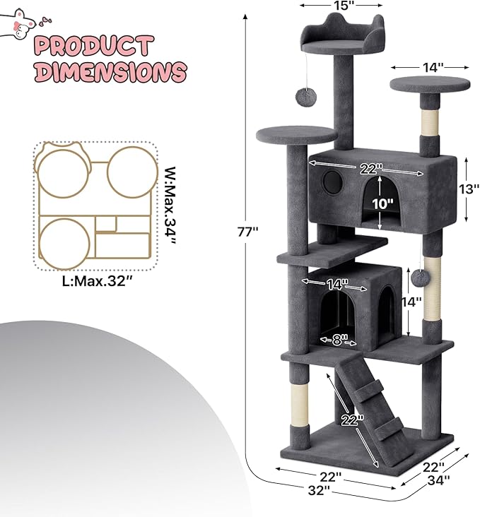 MoNiBloom 77 Inch Cat Tree Tower for Indoor Cats Large Adults, Tall Cat Tower with Scratching Post, Multi-Level Furniture Activity Center with Cat Condo Pet Play House, Smoky Grey
