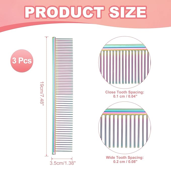Dog Cat Comb, Pet Combs Stainless Steel Teeth with Rounded Ends for Knots Mats Loose Hair Removal, 7.5IN (Colorful Plated, 3 Pack), Grooming Tool Intended for Long Curly Hair Pet